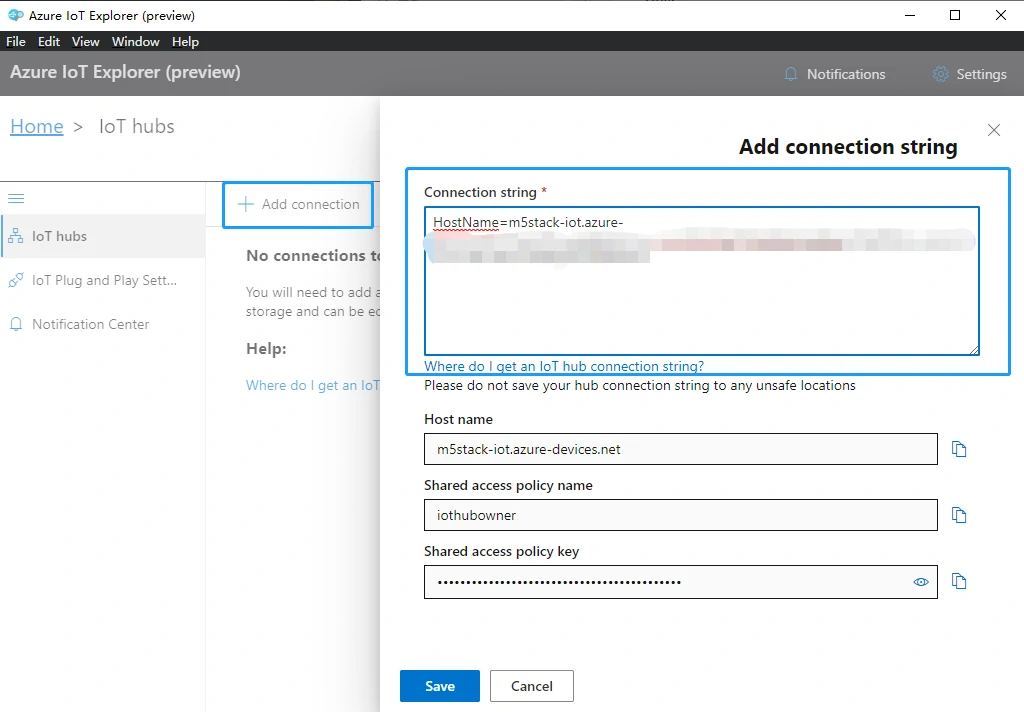 Enter the connection key in Azure-IoT-Explorer to connect.